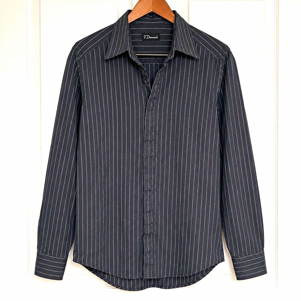 7 Diamonds Men's M Slim Black/White Pinstripe Stretch Dress Shirt Long Sleeve